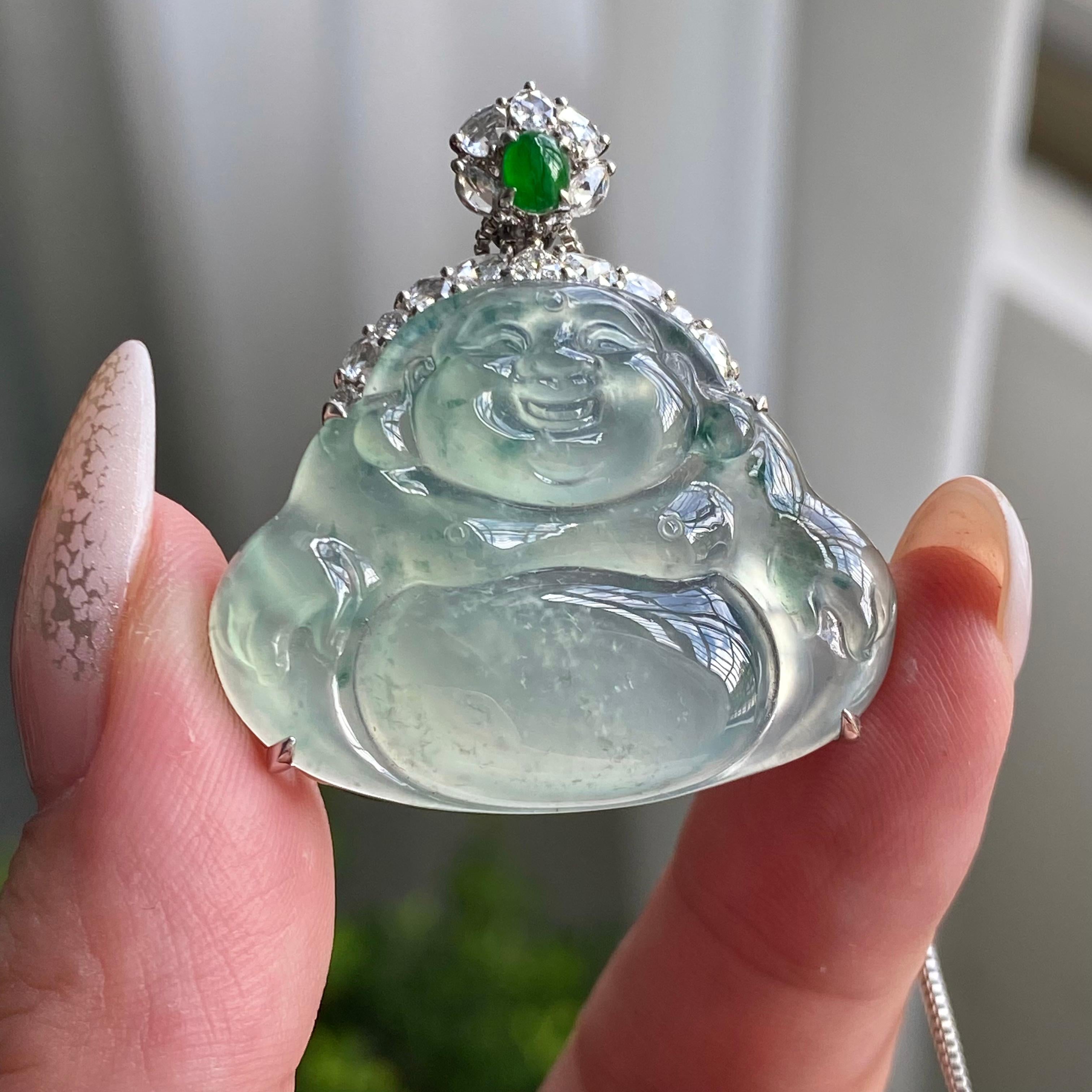 18k金钻镶高冰种飘花佛公吊坠（yc206341）