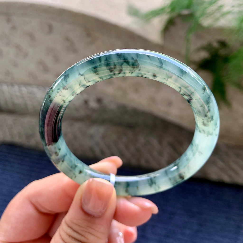 糯冰种飘蓝花圆条手镯 53.3圈口 天然缅甸A货翡翠（yc496405）