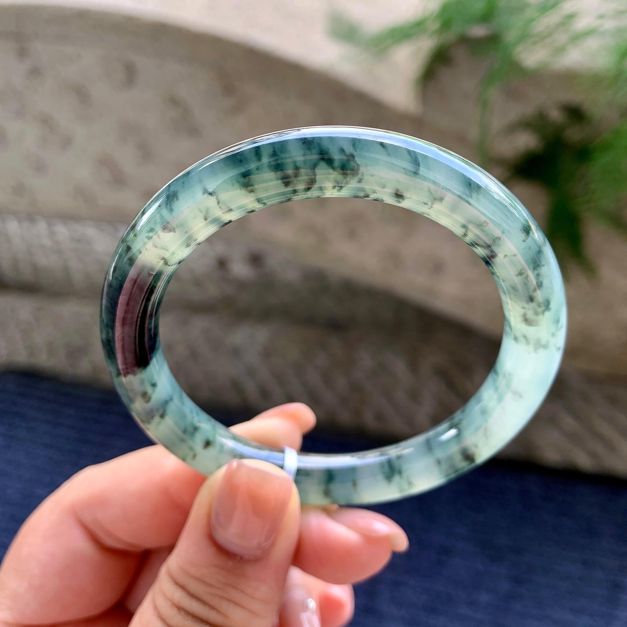 糯冰种飘蓝花圆条手镯 53.3圈口 天然缅甸A货翡翠（yc496405）