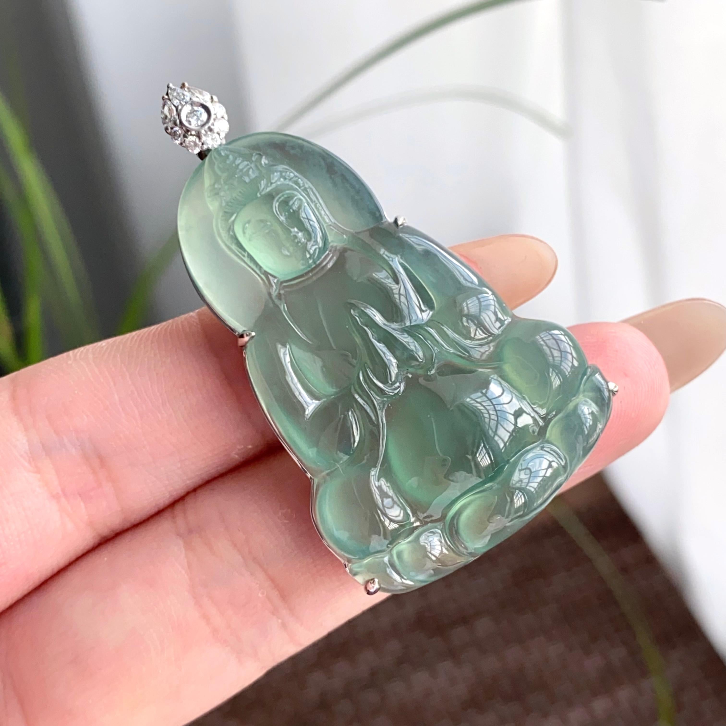 18k金钻镶冰种湖水绿观音吊坠（yc250195）