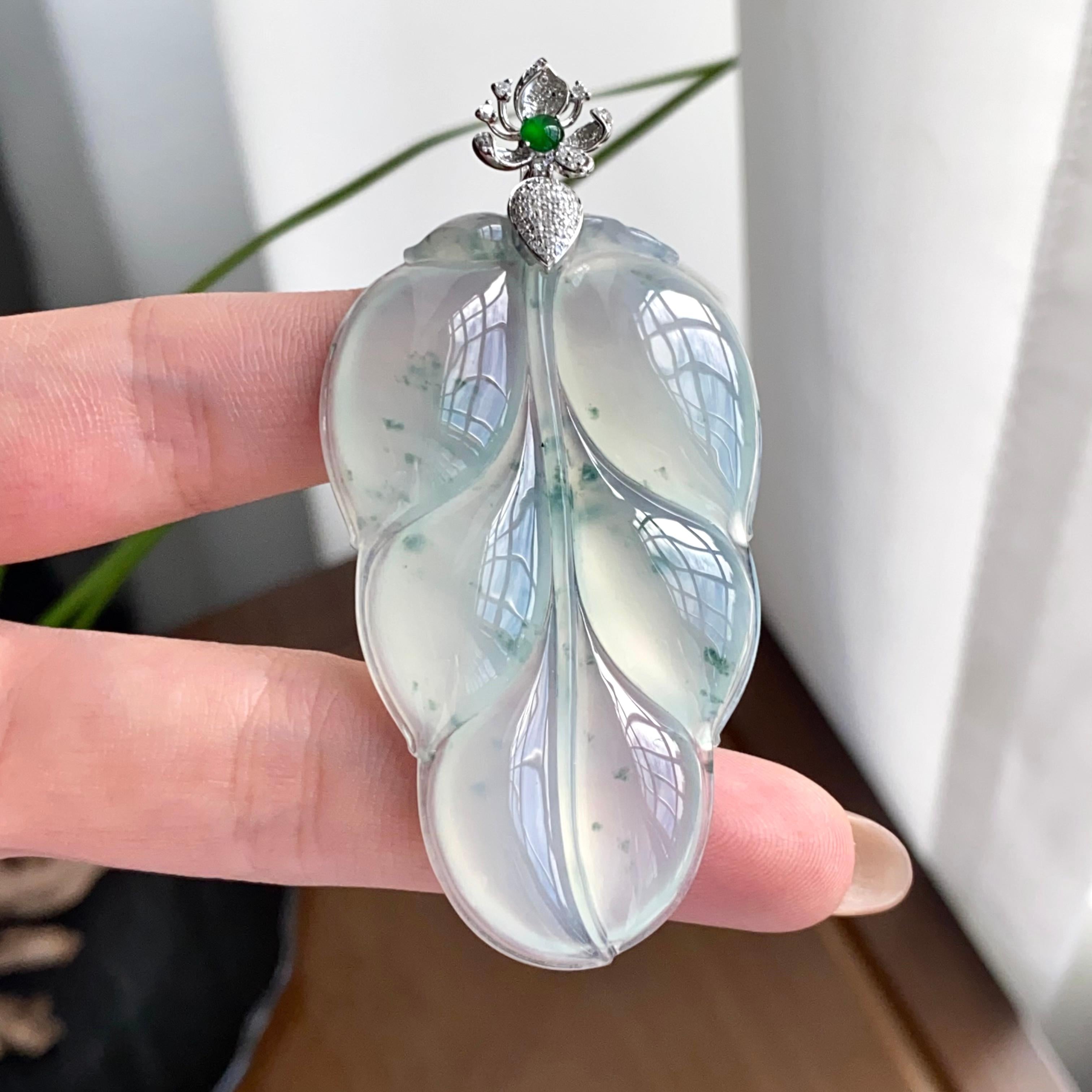 18k金钻镶冰种飘花玉叶吊坠（yc262745）