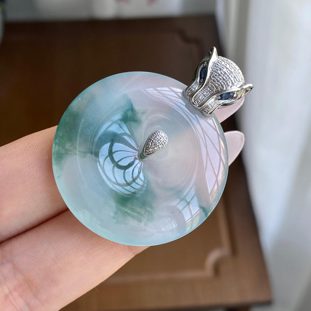 18K金钻镶糯冰种飘花平安扣吊坠（yc295960）