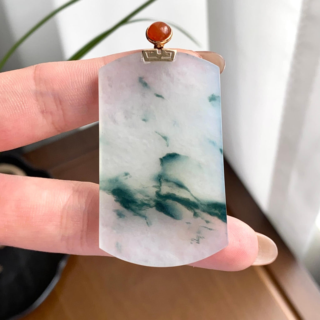 18k金镶冰种飘花无事牌吊坠（yc262722）