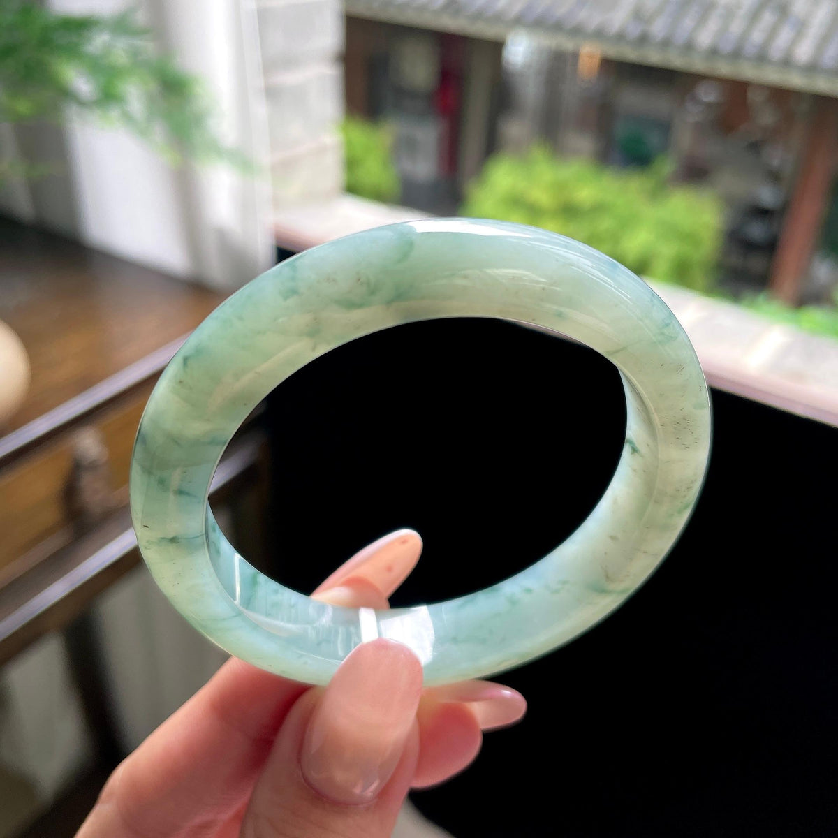 细糯种绿飘花正圈平安镯 53.5圈 天然缅甸A货翡翠（yc696412）