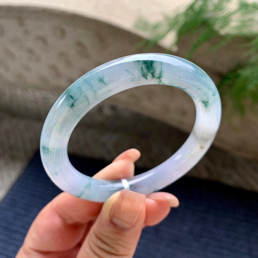糯冰种紫罗兰飘蓝花圆条手镯 52.5圈口 天然缅甸A货翡翠（yc701199）