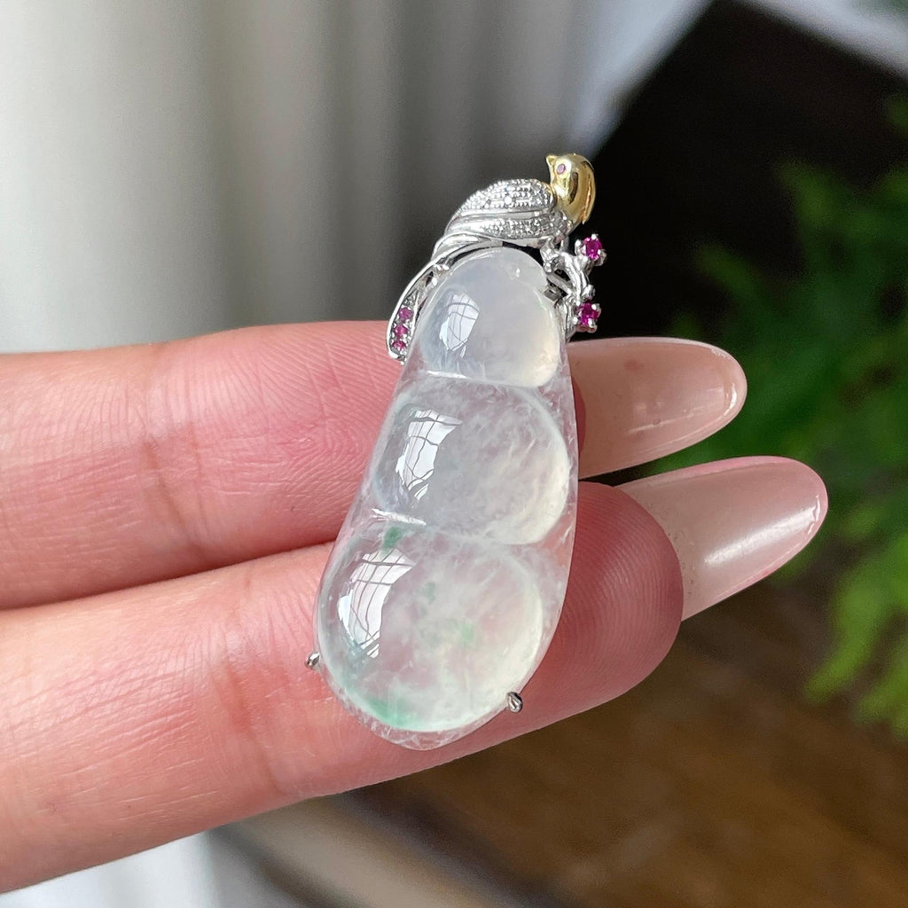18K金镶糯冰种飘花福豆吊坠 天然缅甸A货翡翠（yc701114）