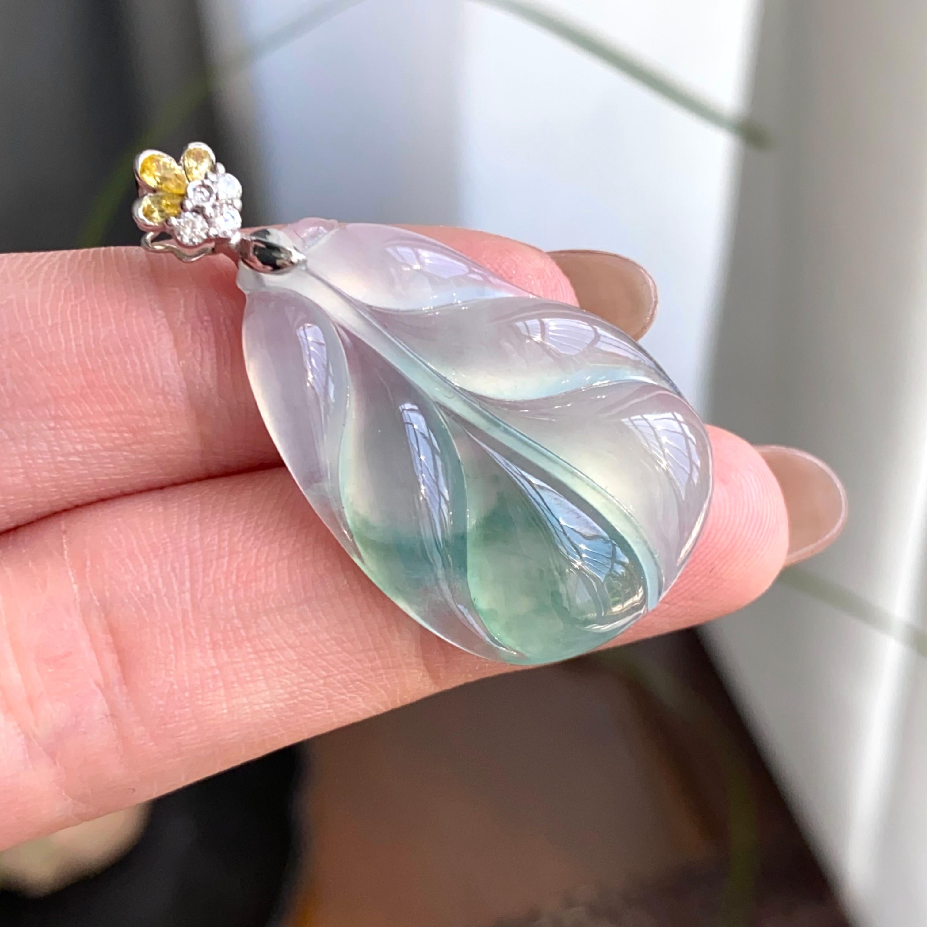 18k金钻镶冰种飘花玉叶吊坠（yc263896）