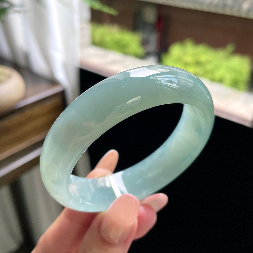 糯冰种冰蓝水油青色宽版正圈平安镯 57圈 天然缅甸A货翡翠（yc693183）
