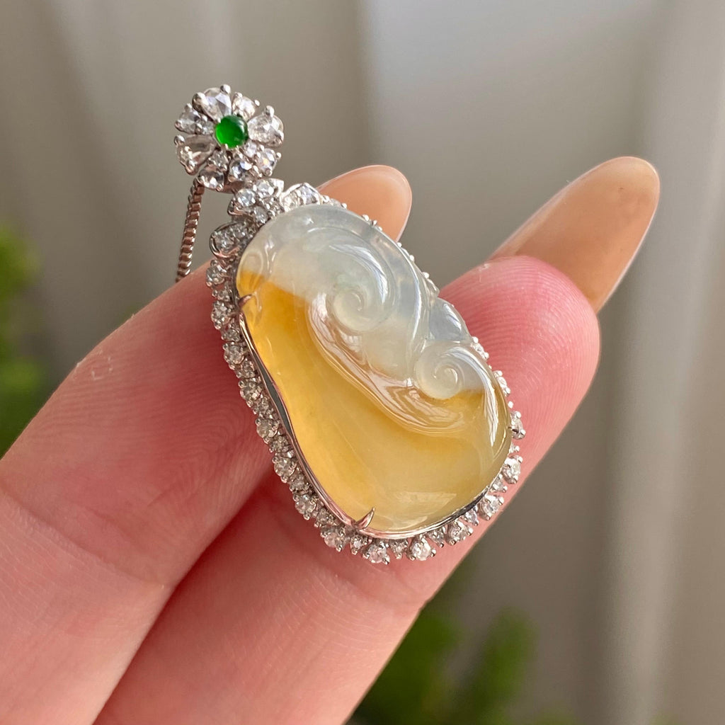 18k金钻镶冰种黄翡如意吊坠（yc216830）