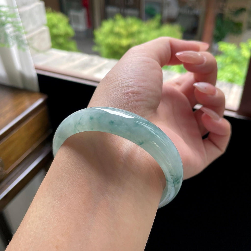 糯冰种蓝飘花宽版正圈平安镯 57圈（yc709485）