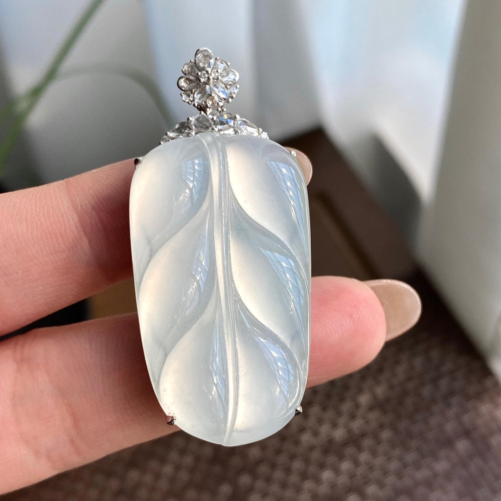 18k金钻镶冰种白月光玉叶吊坠（yc266179）