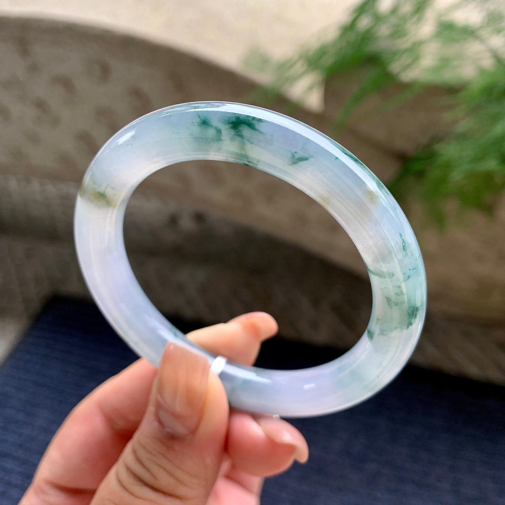 糯冰种紫罗兰飘蓝花圆条手镯 52.5圈口 天然缅甸A货翡翠（yc701199）