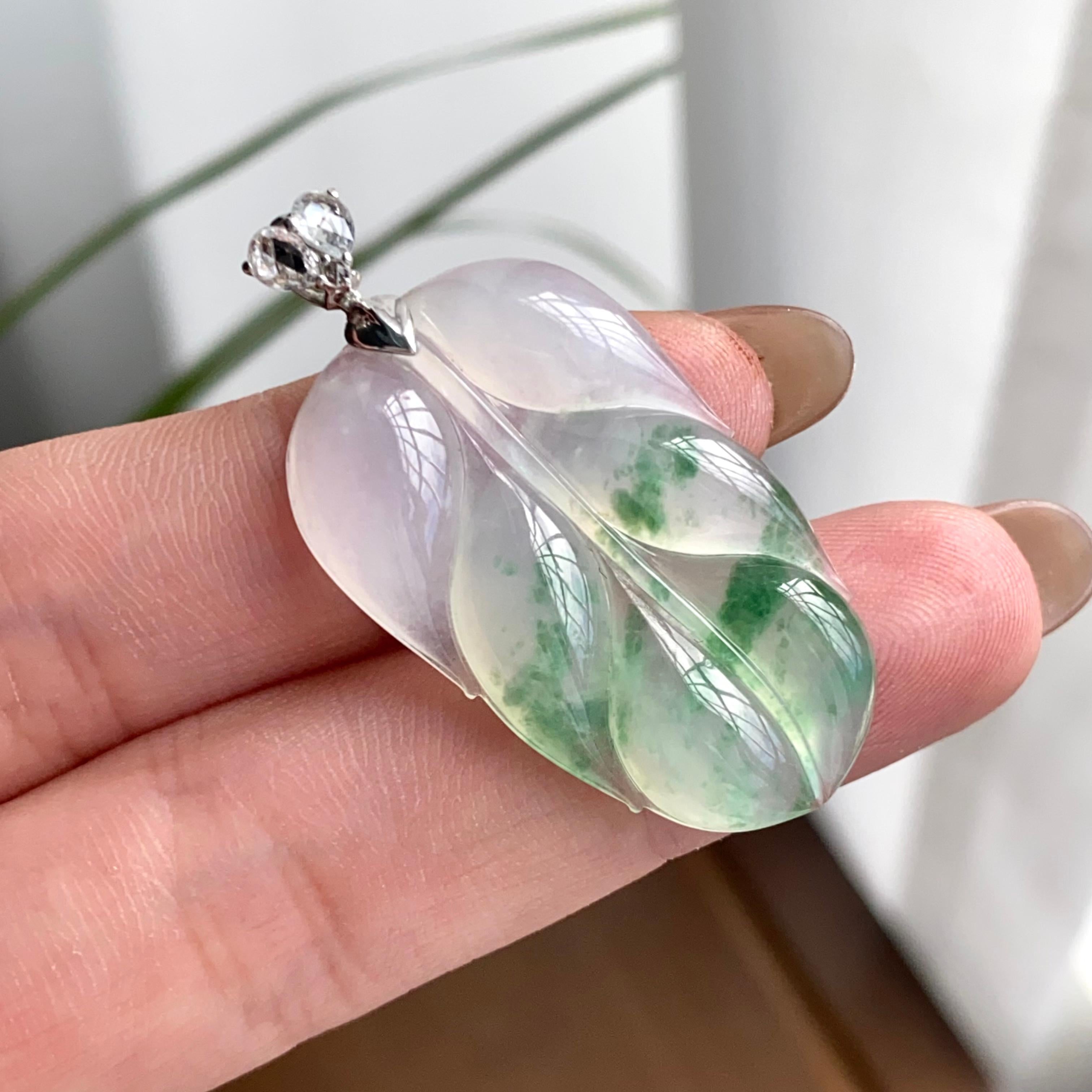 18k金钻镶冰种飘花玉叶吊坠（yc262716）