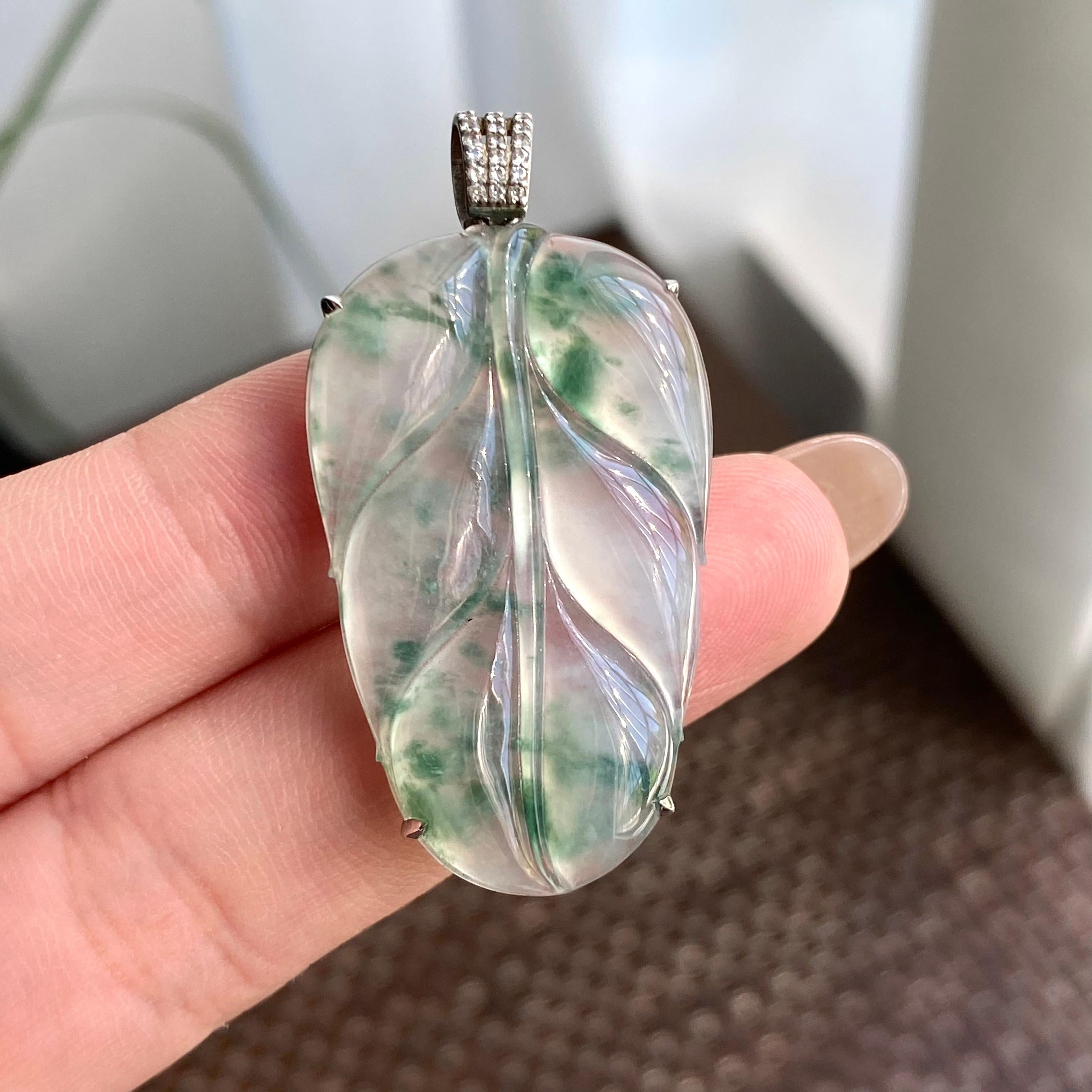 18k金钻镶冰种飘花玉叶吊坠（yc266216）