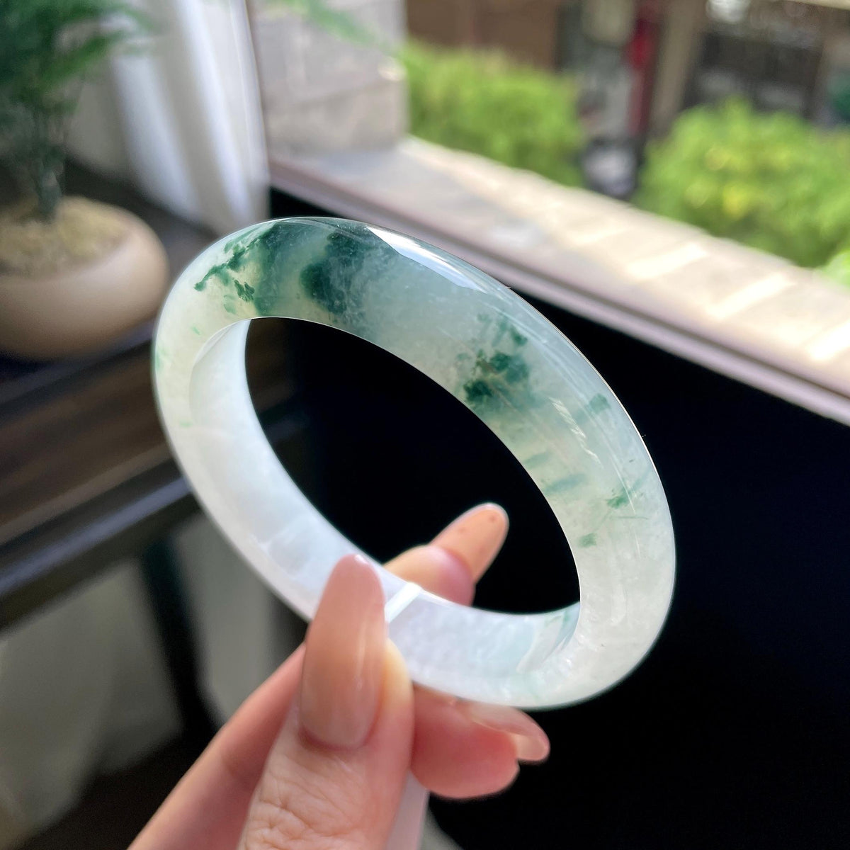 糯冰种绿飘花正圈平安镯 57圈 天然缅甸A货翡翠（yc693134）