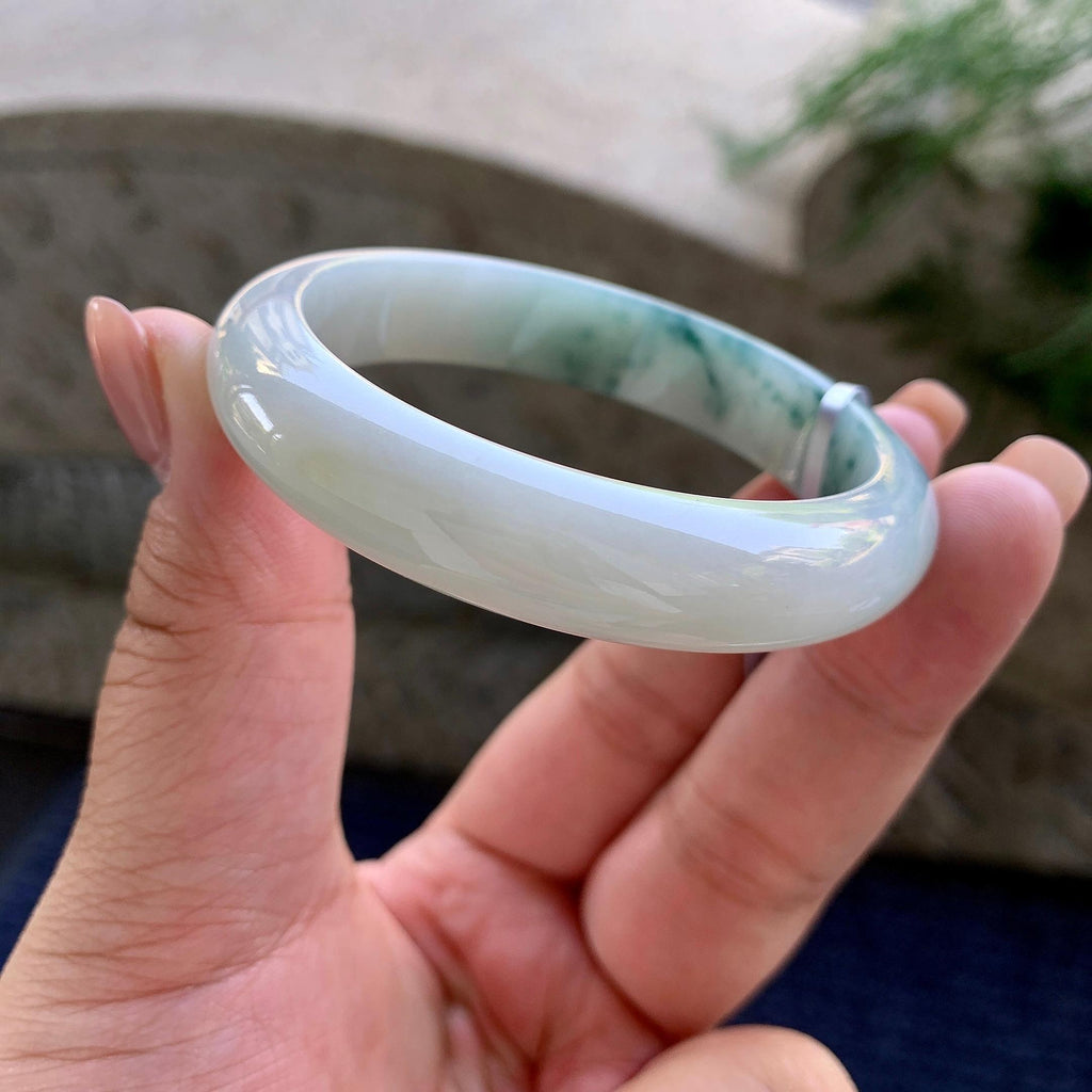 细糯种飘蓝花正圈平安镯 52圈口 天然缅甸A货翡翠（yc501089）