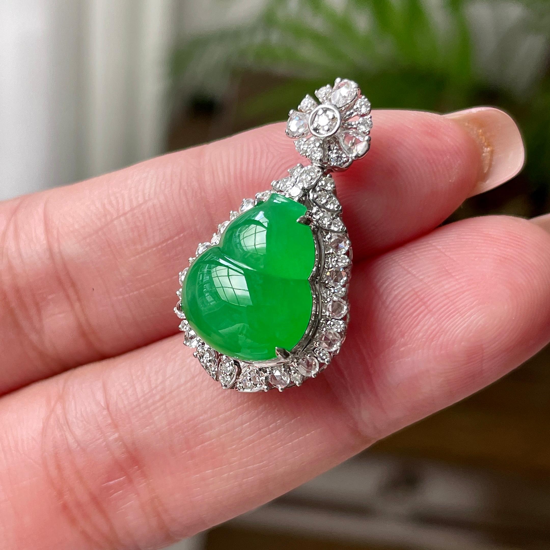 18K金钻镶糯冰种阳绿葫芦吊坠 天然缅甸A货翡翠（yc527824）