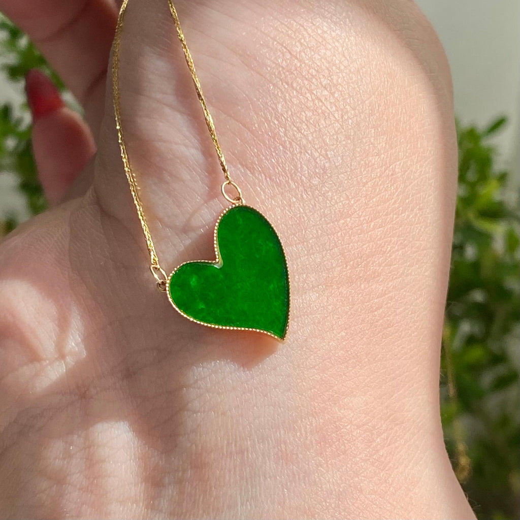 18k金镶糯冰种心形辣绿吊坠（yc216767）