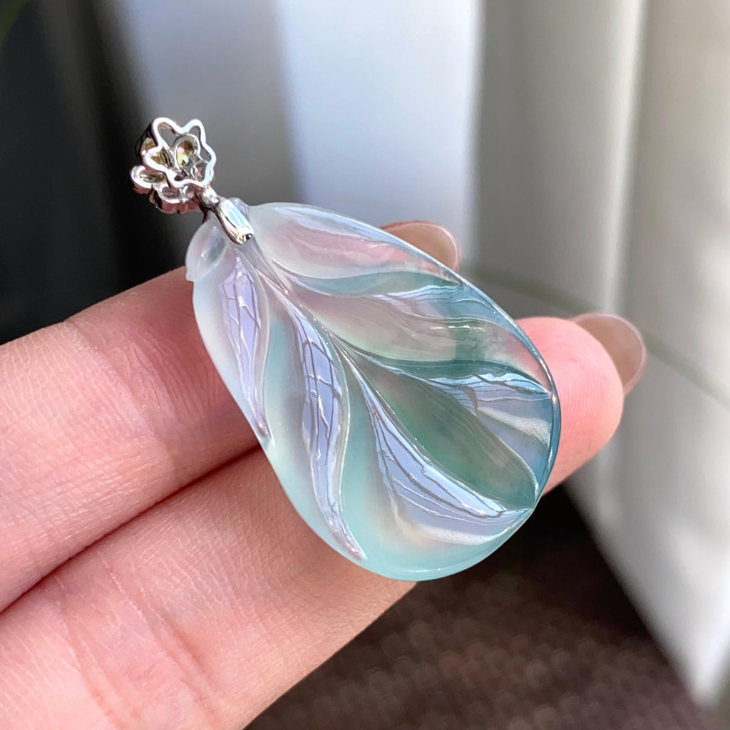 18k金钻镶冰种飘花玉叶吊坠（yc263896）