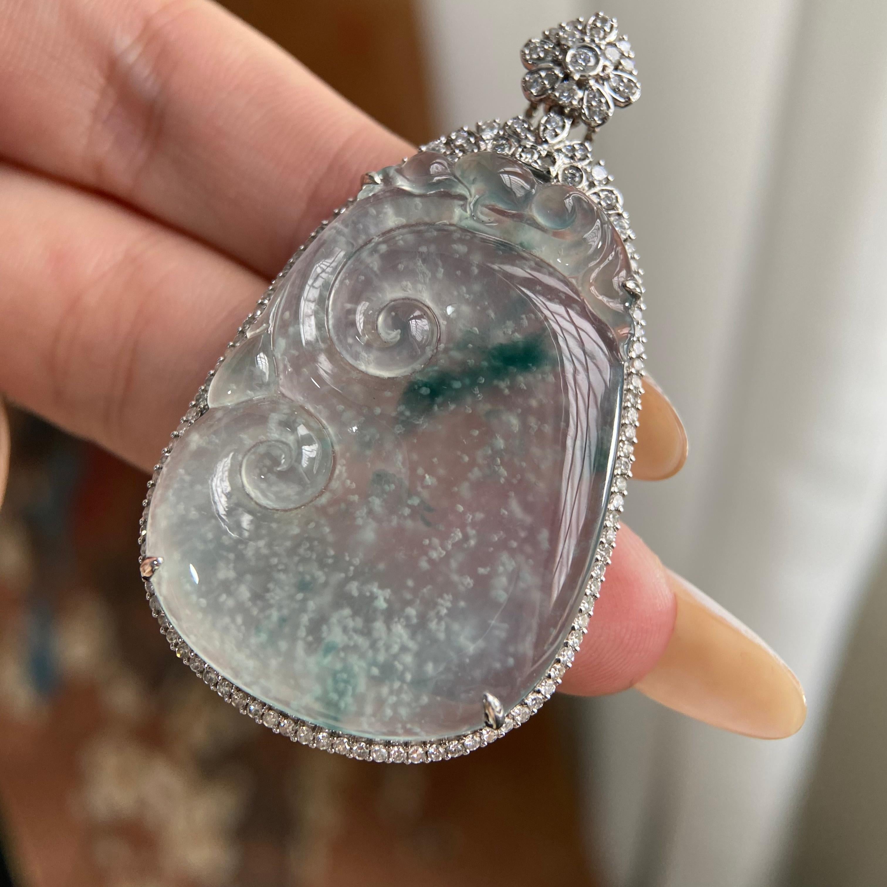 18k金钻镶冰种雪花棉飘花如意吊坠（yc223928）