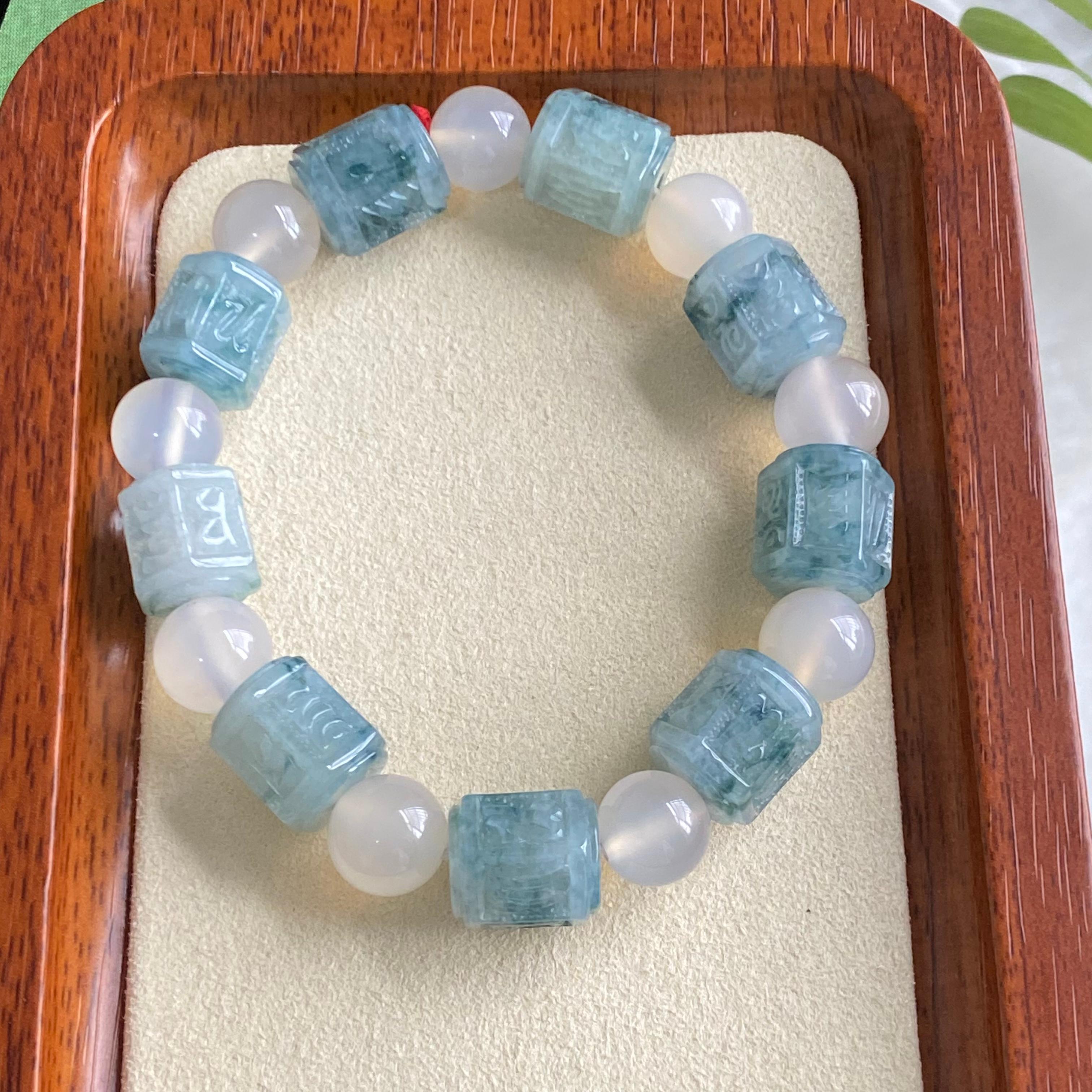 糯冰种飘花六字真言单圈手串（yc196880）