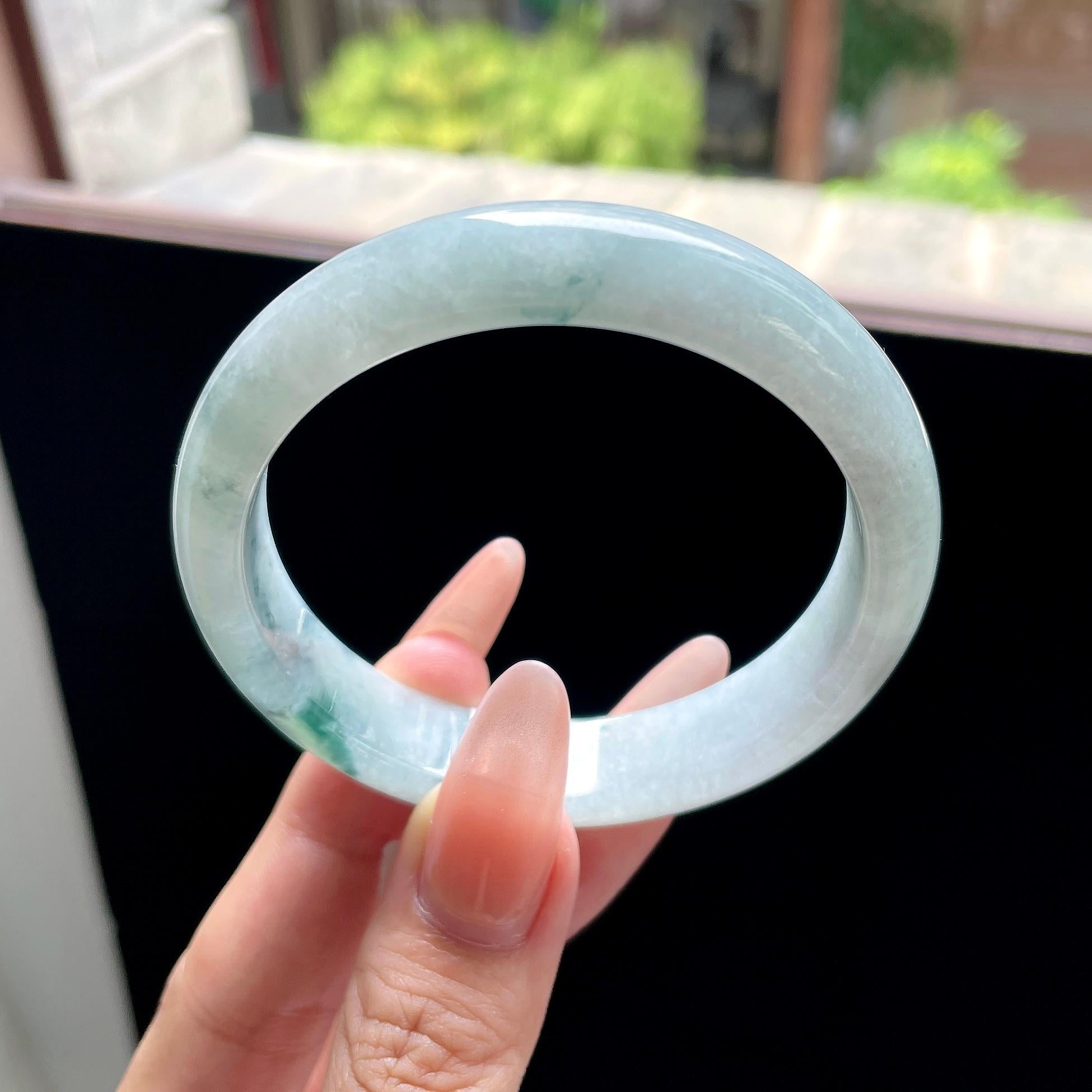 糯种蓝飘花正圈平安镯 56圈 天然缅甸A货翡翠（yc522691）