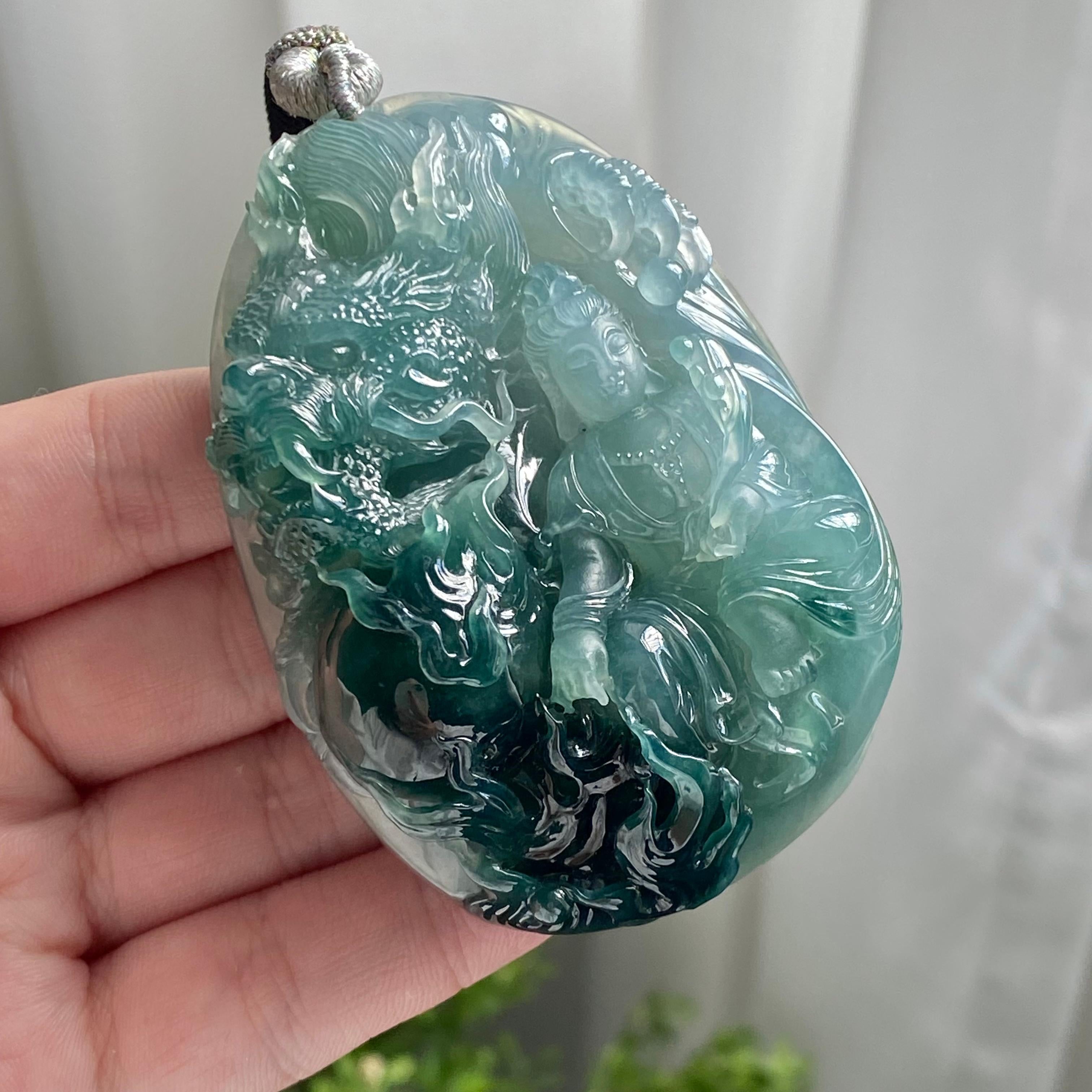 糯冰种蓝底神龙护主牌吊坠（yc214703）