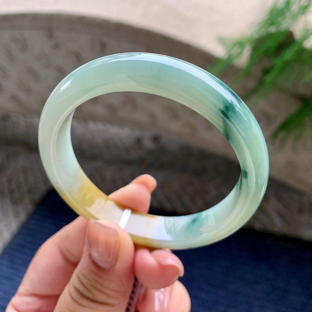 细糯种黄翡飘蓝花正圈平安镯 55圈口 天然缅甸A货翡翠（yc522666）