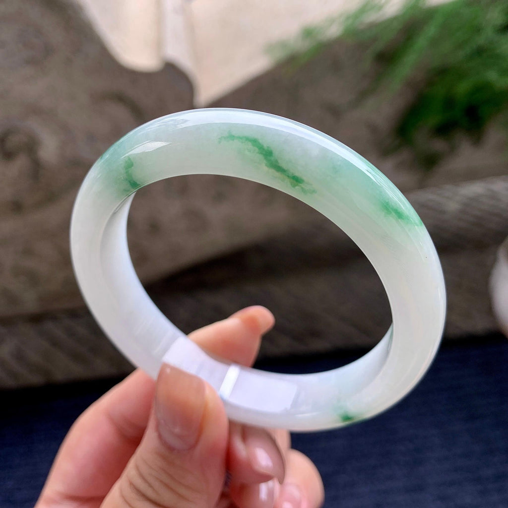细糯种飘绿花正圈平安镯 57圈口 天然缅甸A货翡翠（yc536188）