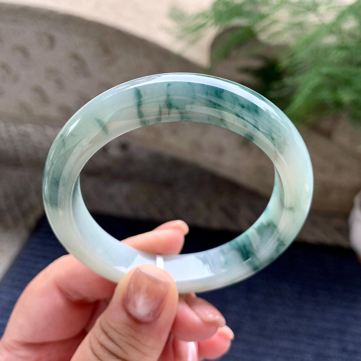 细糯种飘蓝花正圈平安镯 55.7圈口 天然缅甸A货翡翠（yc701212）