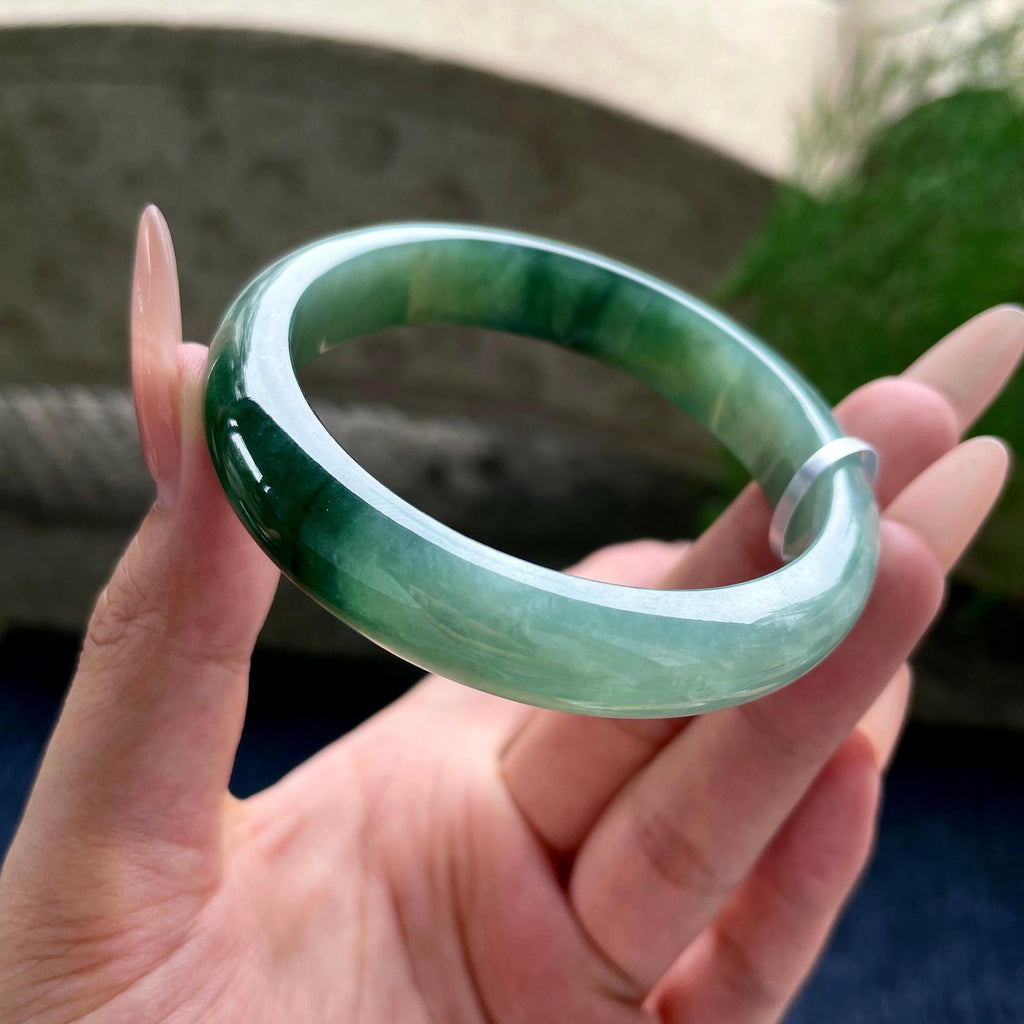 细糯种油青色湖水绿正圈平安镯 56圈口 天然缅甸A货翡翠（yc530780）