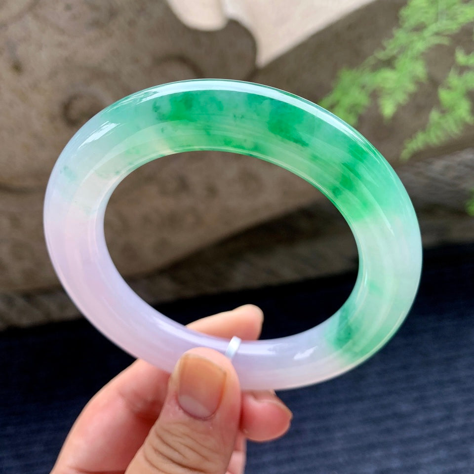 糯冰种紫罗兰飘绿圆条手镯（58.2mm）（yc165859）