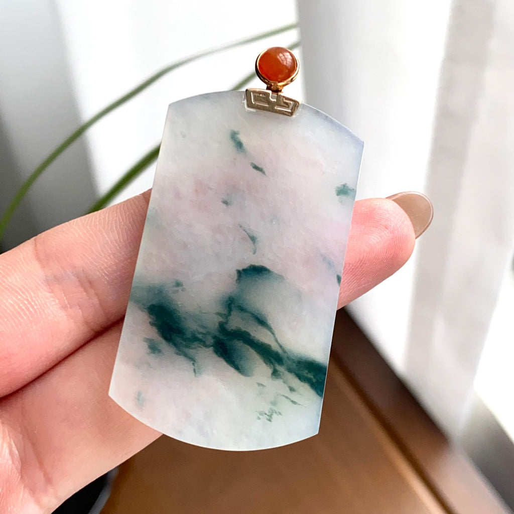 18k金镶冰种飘花无事牌吊坠（yc262722）