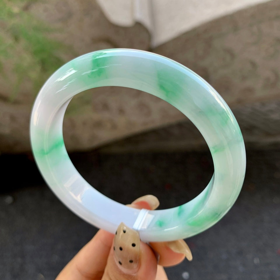 糯种飘绿花翡翠平安镯（57.2mm）（yc029120）