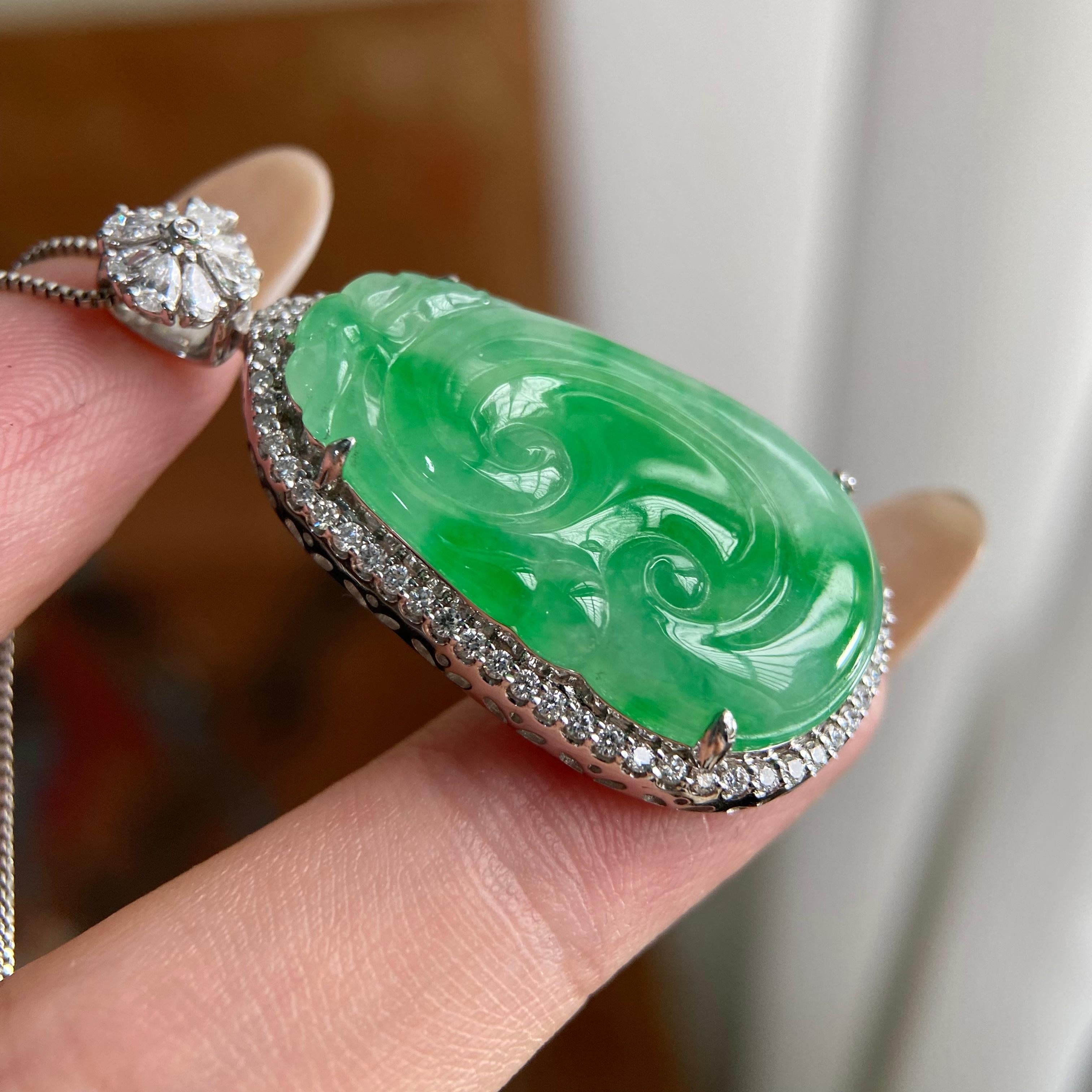 18k金钻镶糯冰种满绿如意吊坠（yc223807）