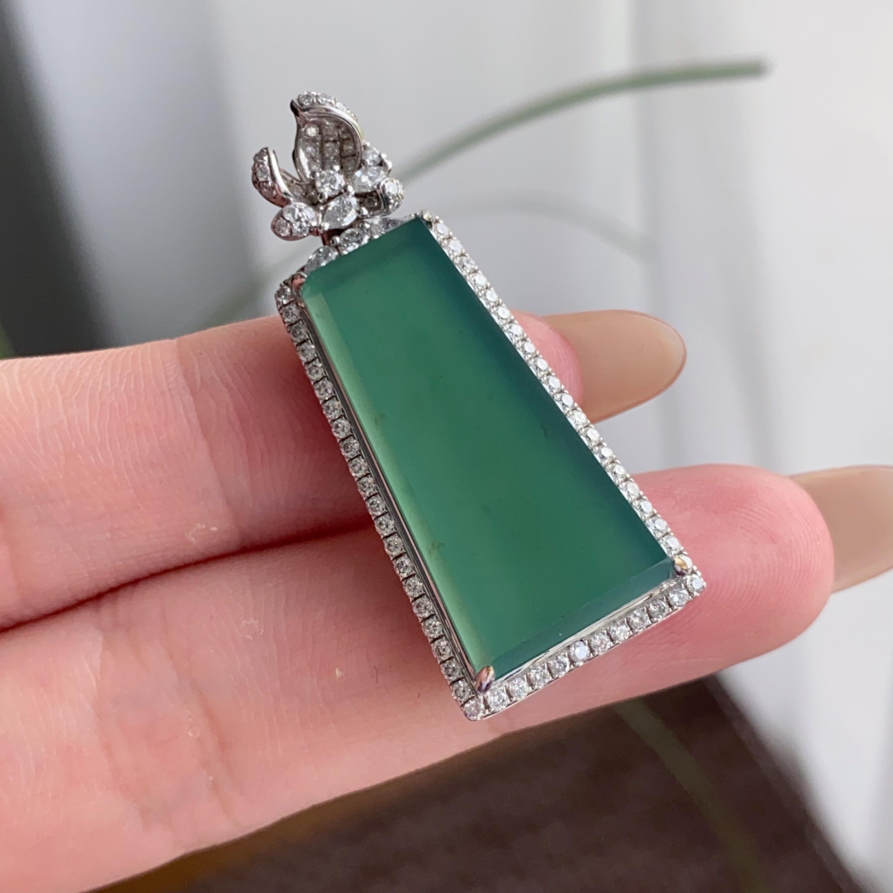 18k金钻镶冰种湖水绿无事牌吊坠（yc250216）