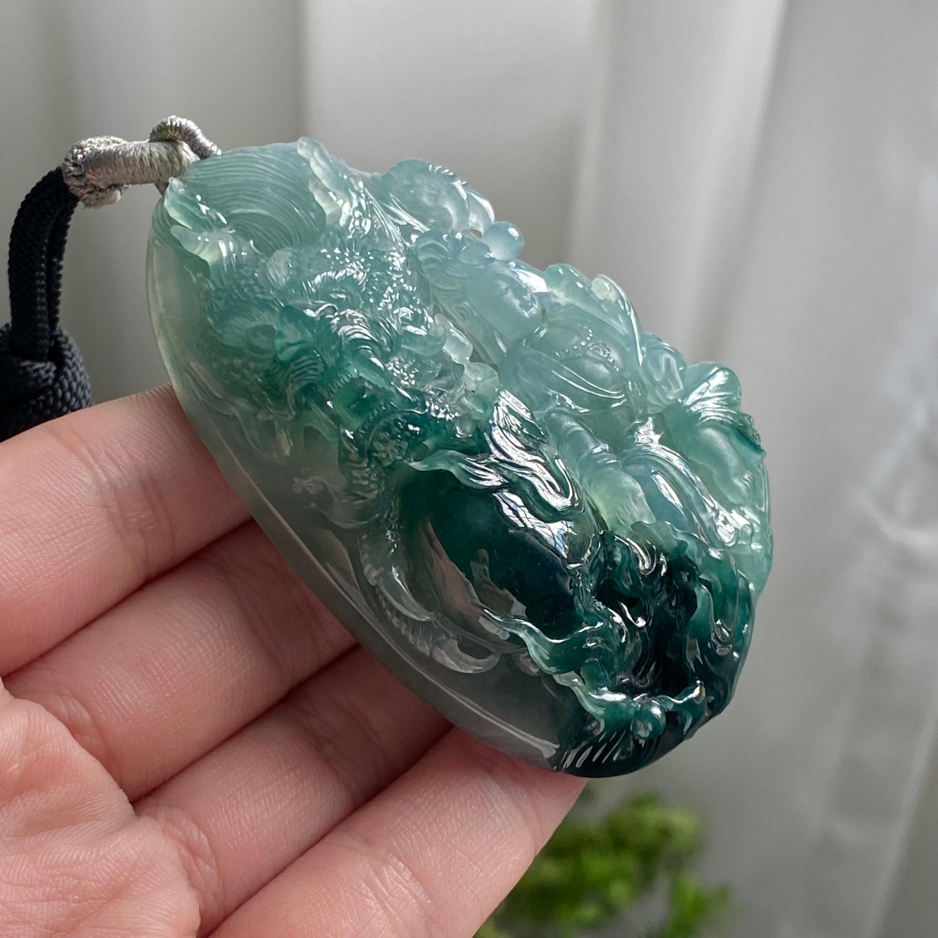 糯冰种蓝底神龙护主牌吊坠（yc214703）