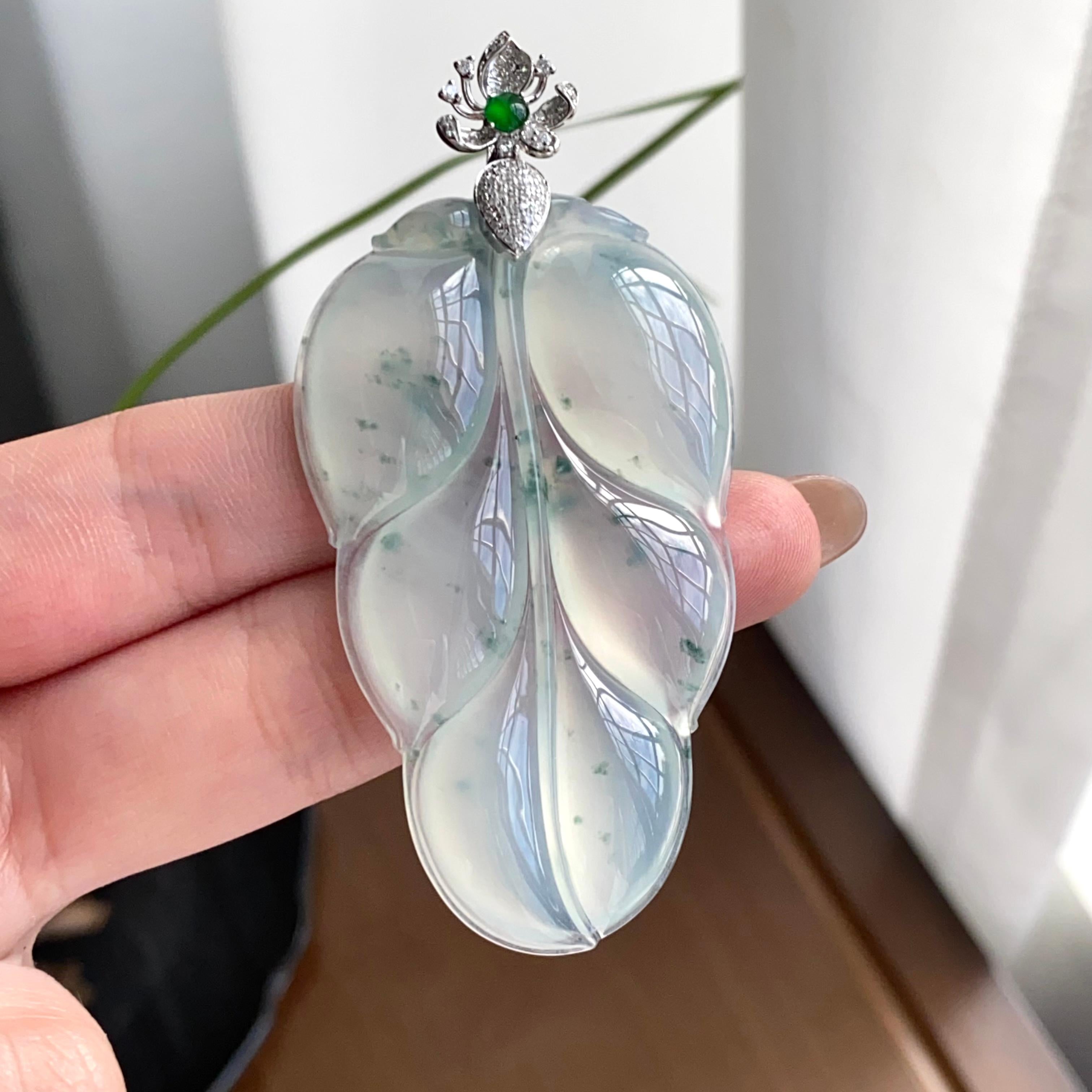 18k金钻镶冰种飘花玉叶吊坠（yc262745）