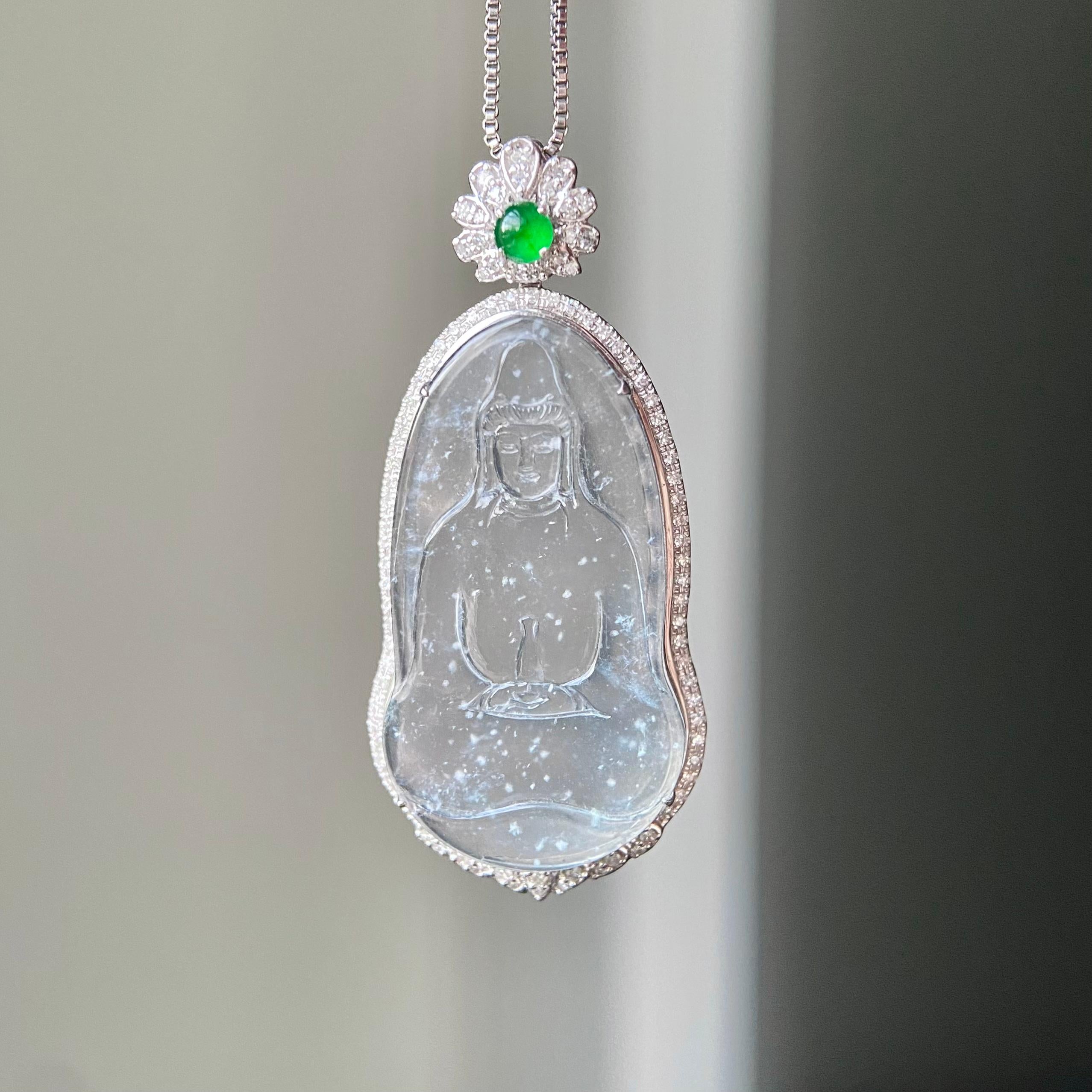 18k金钻镶玻璃种雪花棉观音吊坠（yc216841）