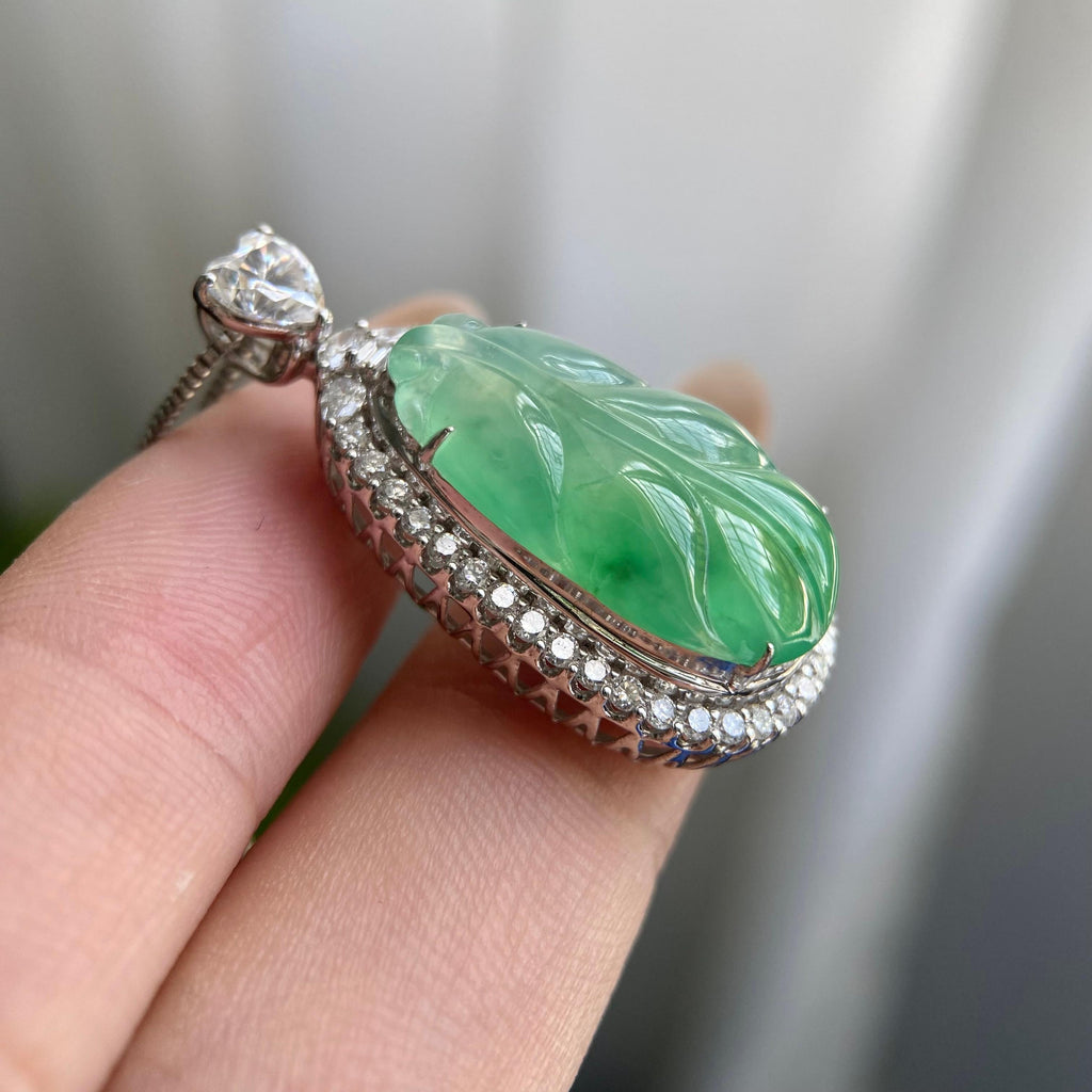 18k金钻镶冰种飘花玉叶吊坠（yc217131）