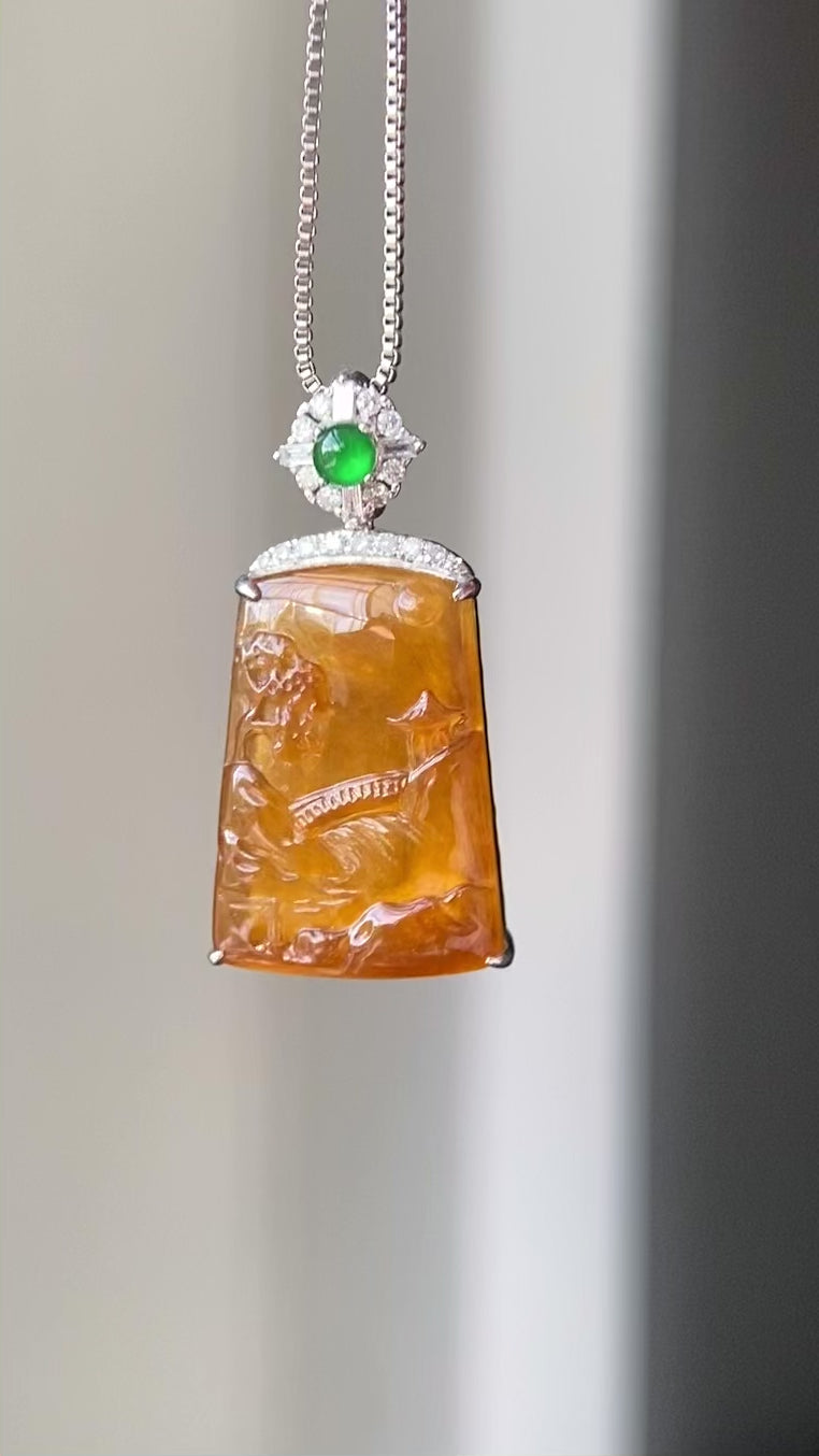 18k金钻镶冰种黄翡山水牌吊坠（yc216834）