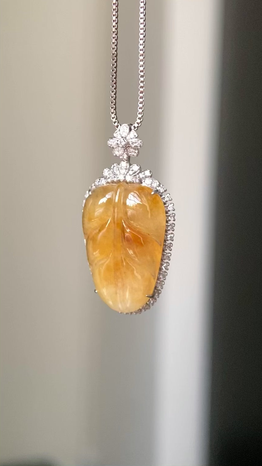 18k金钻镶冰种黄翡玉叶吊坠（yc219270）