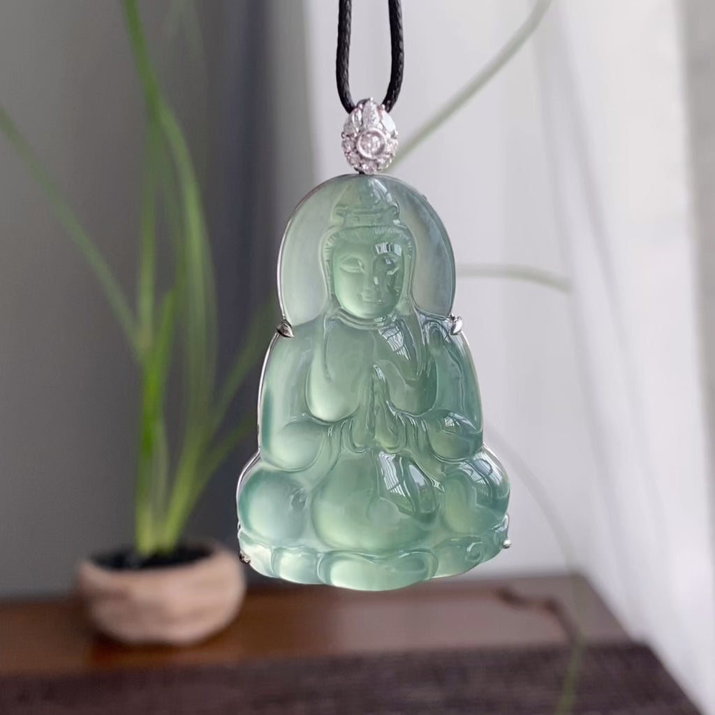 18k金钻镶冰种湖水绿观音吊坠（yc250195）