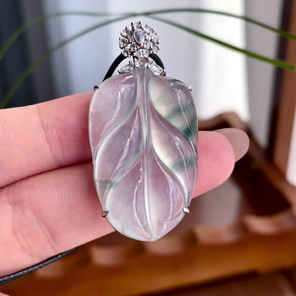 18k金钻镶冰种飘花玉叶吊坠（yc256099）