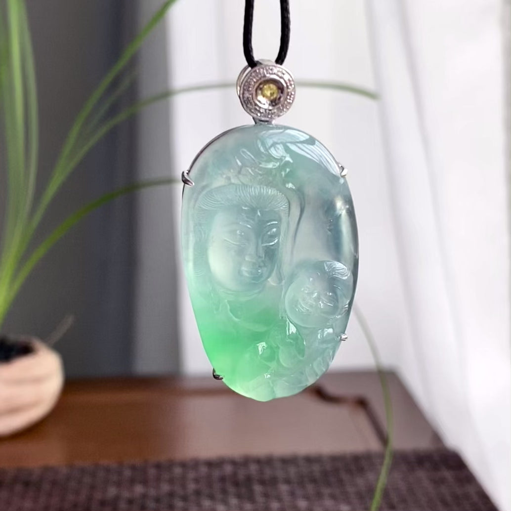 18k金钻镶冰种飘花送子观音吊坠（yc250320）