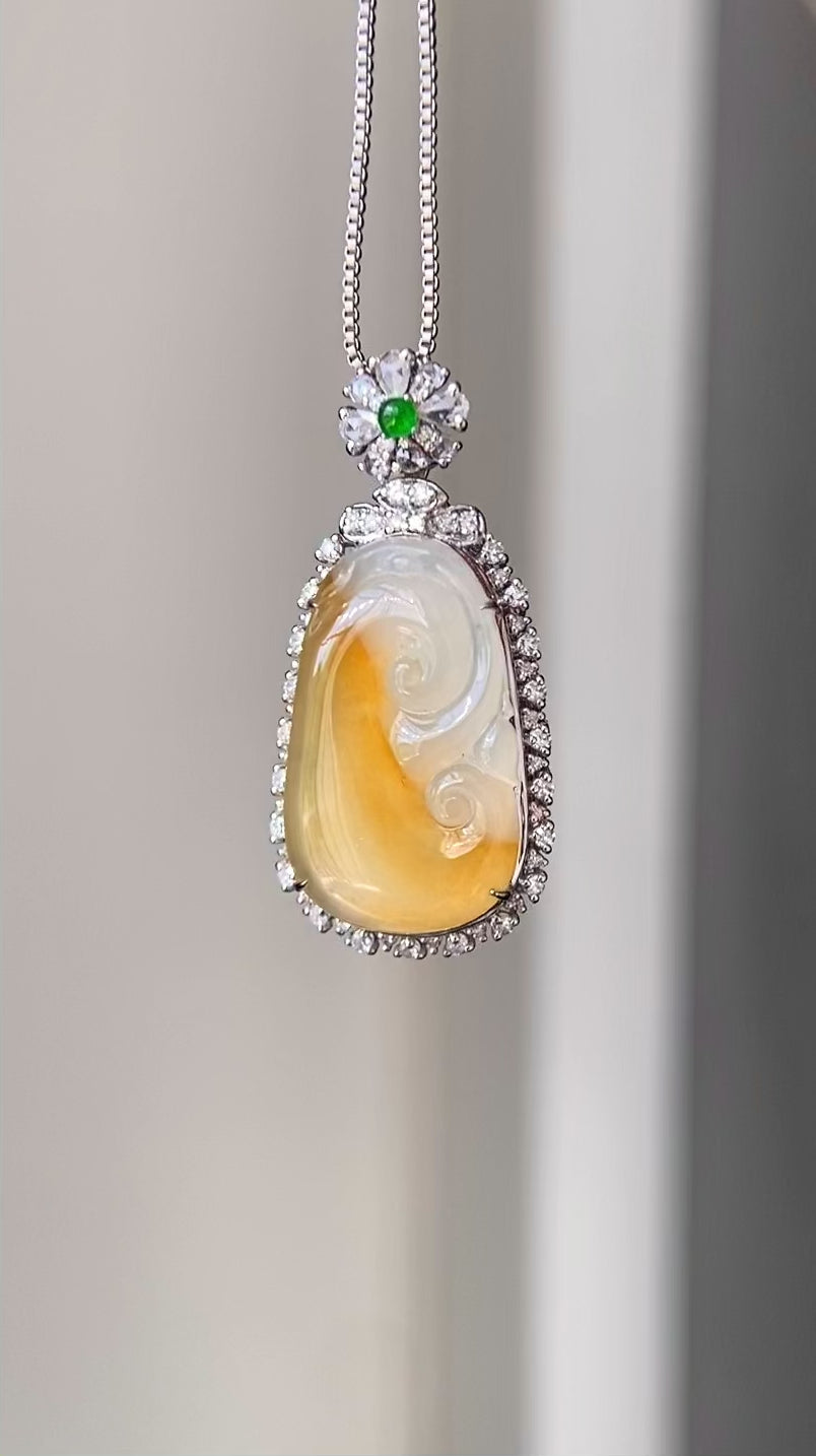 18k金钻镶冰种黄翡如意吊坠（yc216830）