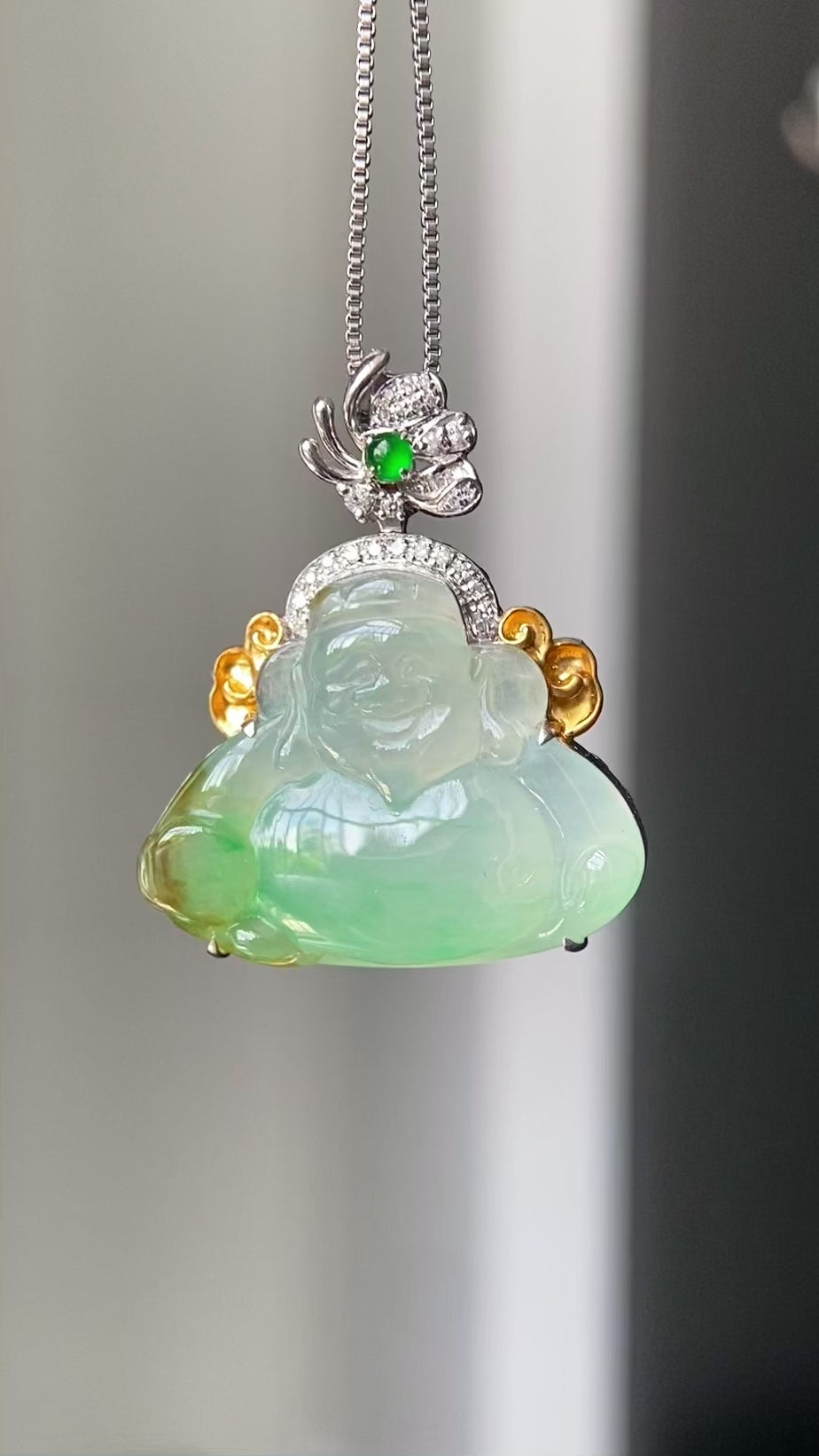 18k金钻镶冰种黄加绿财神吊坠（yc217114）